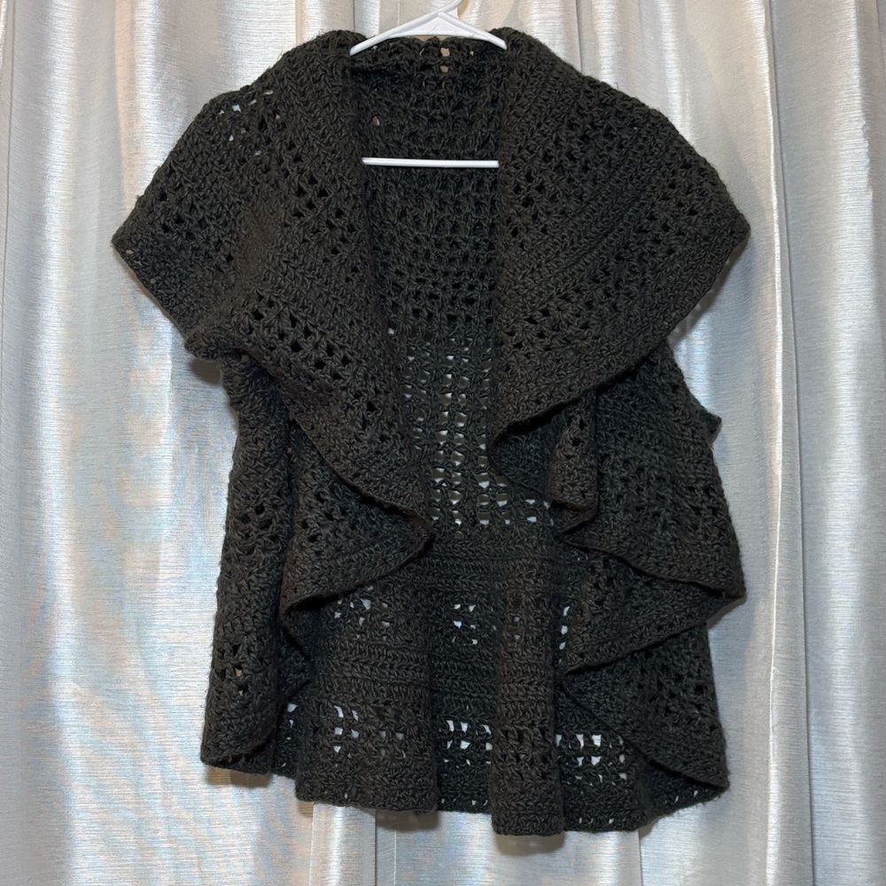 Handmade Crochet Olive Green Shawl Collar Flared Vest Sweater size large